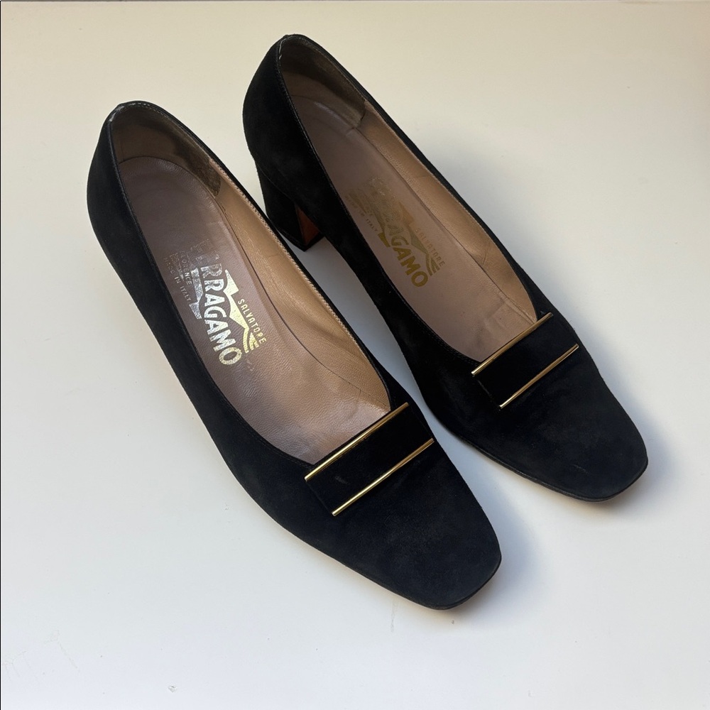 Salvatore Ferragamo Black Suede Pumps with Gold Detail